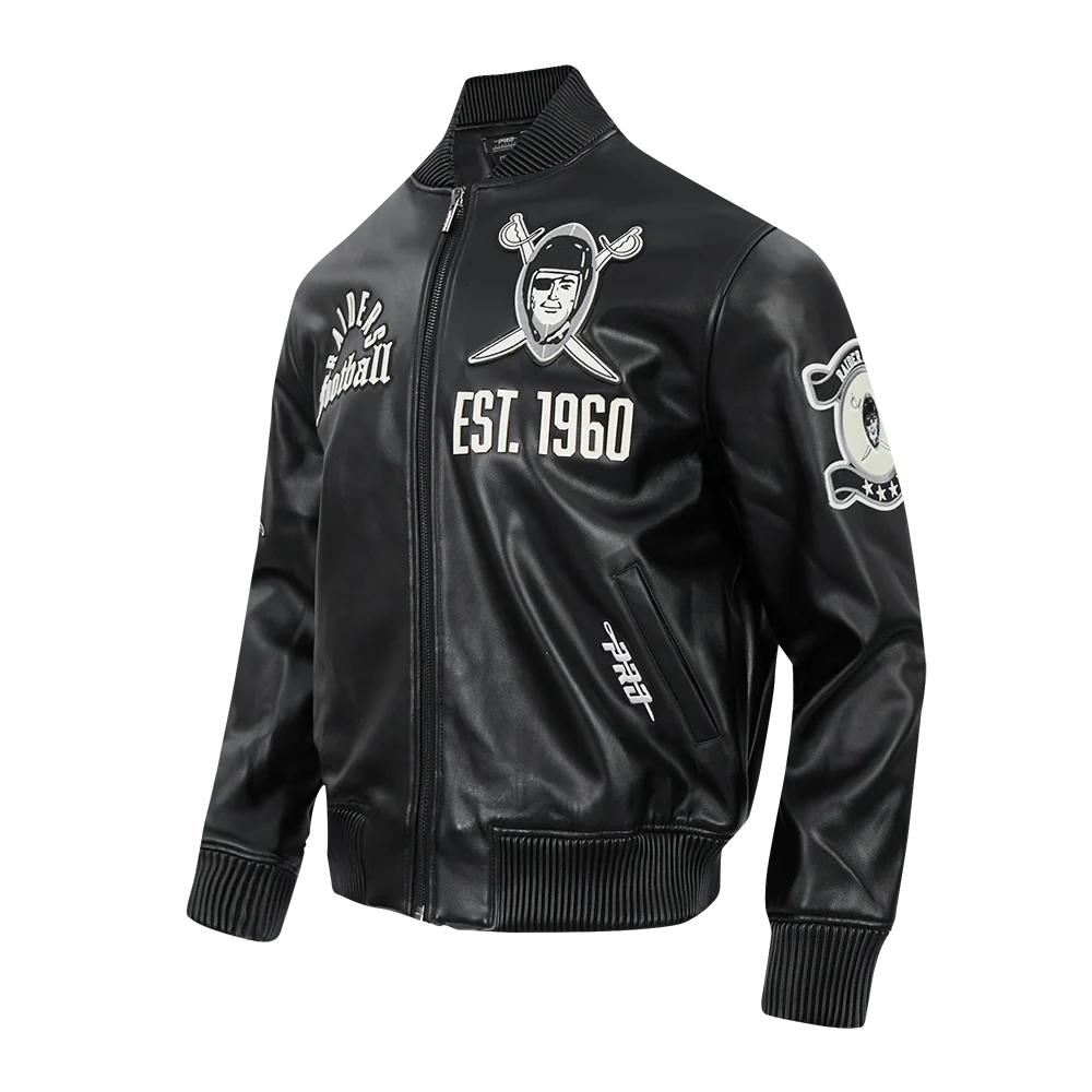 NFL LAS VEGAS RAIDERS MODERN ORIGINALS MEN'S LEATHER VARSITY JACKET (JET BLACK) - Image 3