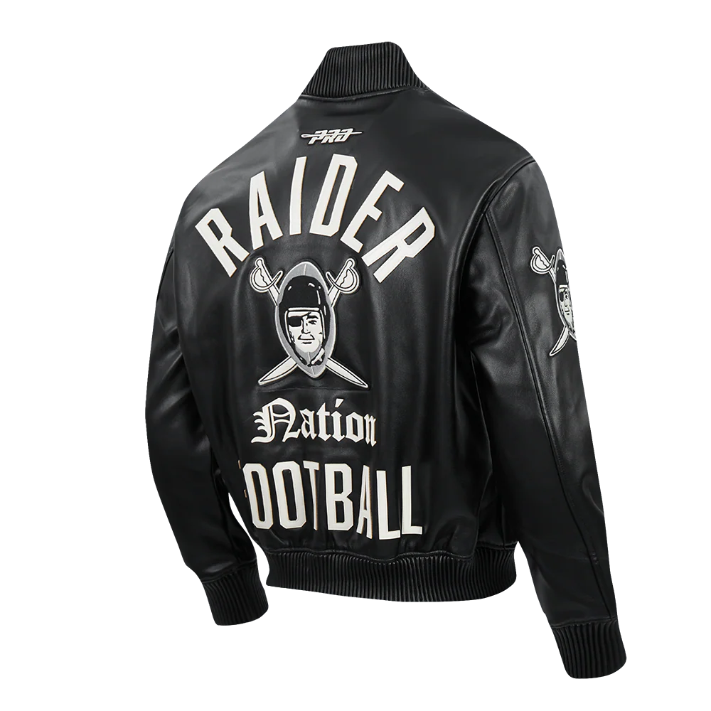NFL LAS VEGAS RAIDERS MODERN ORIGINALS MEN'S LEATHER VARSITY JACKET (JET BLACK) - Image 4