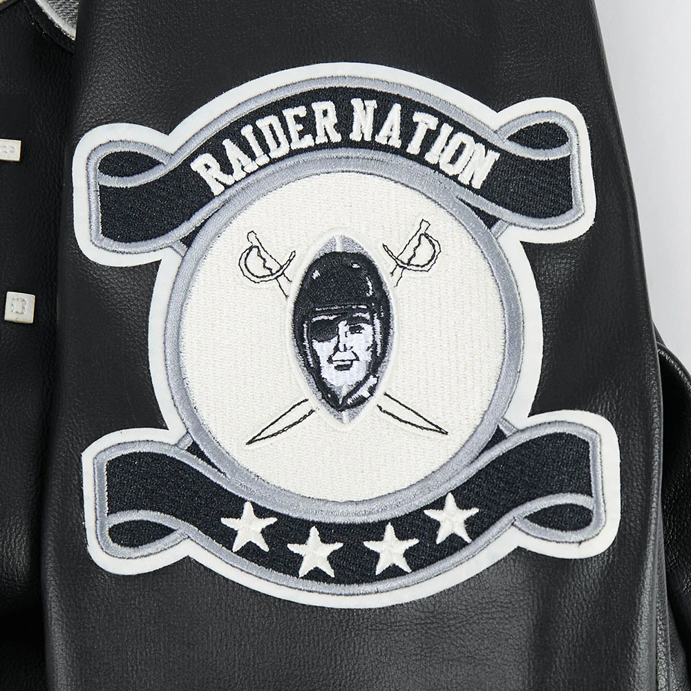 NFL LAS VEGAS RAIDERS MODERN ORIGINALS MEN'S LEATHER VARSITY JACKET (JET BLACK) - Image 7