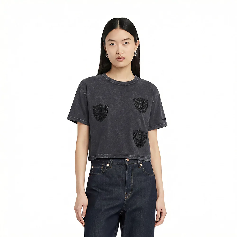 NFL LAS VEGAS RAIDERS WASHED CRYSTALLINE WOMEN'S ENZYME WASH BOXY TEE (WASHED BLACK)