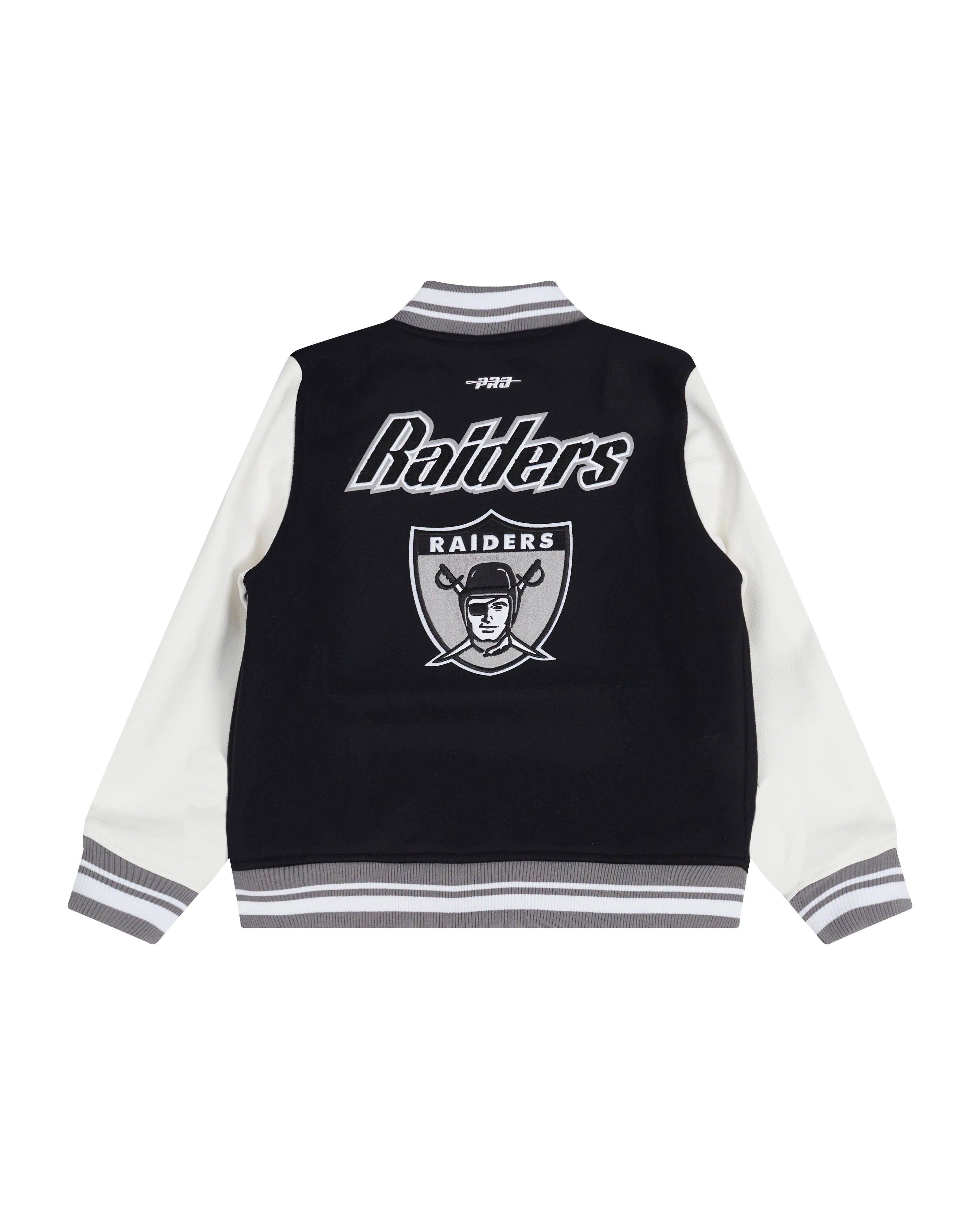NFL LAS VEGAS RAIDERS RETRO CLASSIC BIG BOYS RIB WOOL VARSITY JACKET (BLACK/GRAY) - Image 2