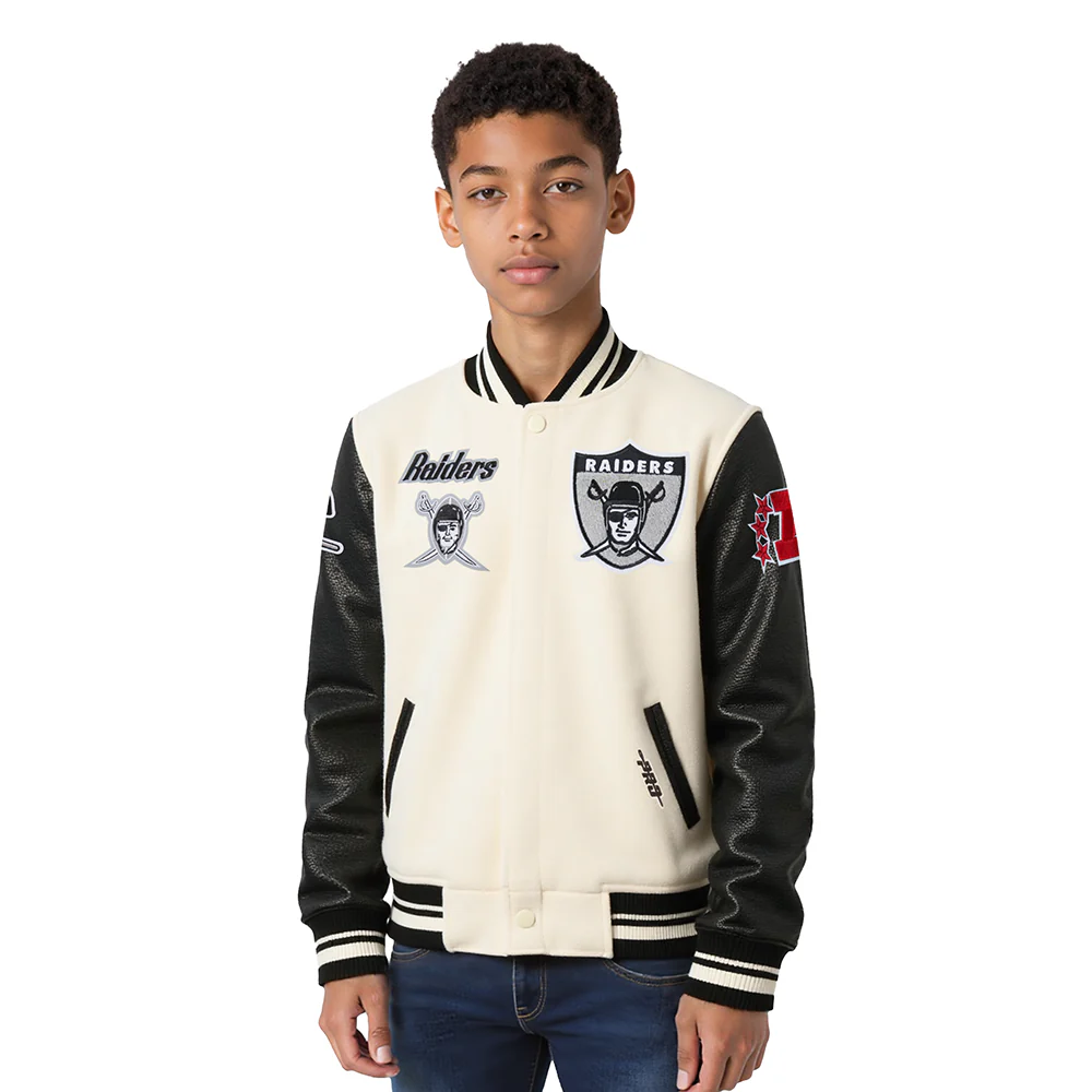 NFL LAS VEGAS RAIDERS RETRO CLASSICS BIG BOY'S RIB WOOL VARSITY JACKET (EGGSHELL/ BLACK)