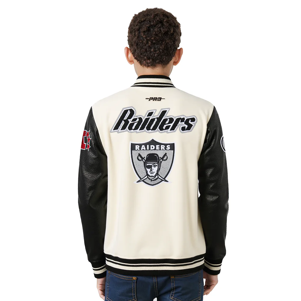 NFL LAS VEGAS RAIDERS RETRO CLASSICS BIG BOY'S RIB WOOL VARSITY JACKET (EGGSHELL/ BLACK) - Image 2