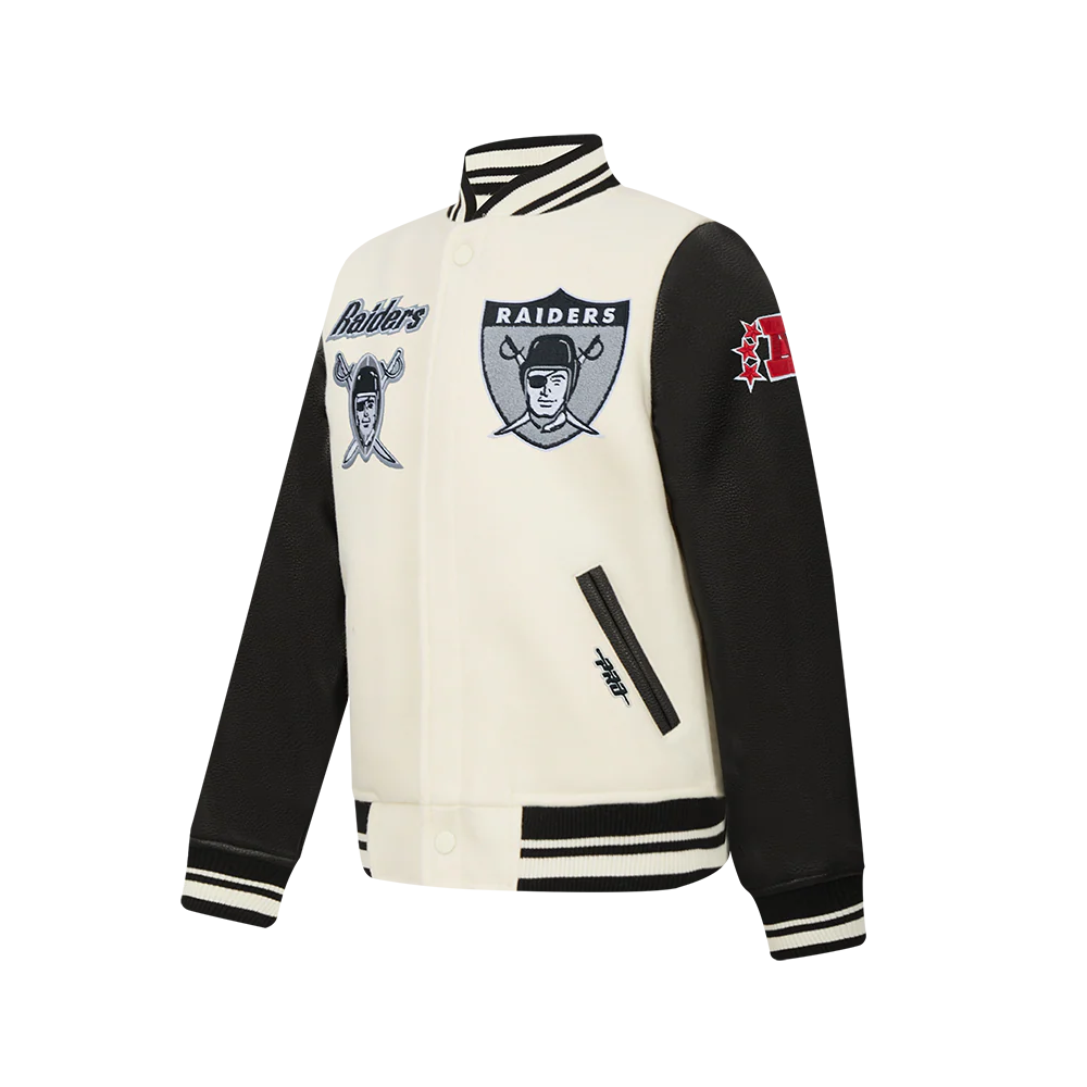 NFL LAS VEGAS RAIDERS RETRO CLASSICS BIG BOY'S RIB WOOL VARSITY JACKET (EGGSHELL/ BLACK) - Image 3