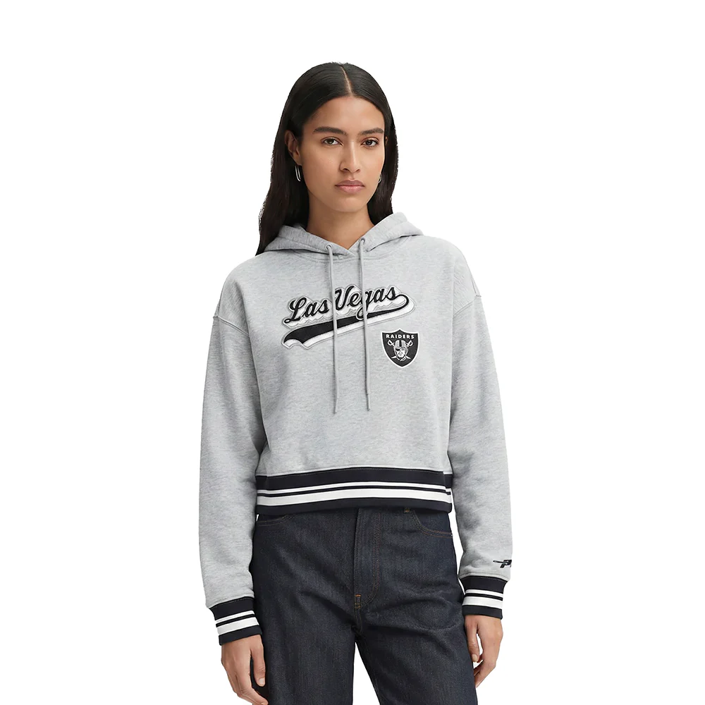 NFL LAS VEGAS RAIDERS SCRIPT TAIL WOMEN'S RIB FLEECE CROPPED PULLOVER HOODIE (HEATHER GRAY/BLACK)