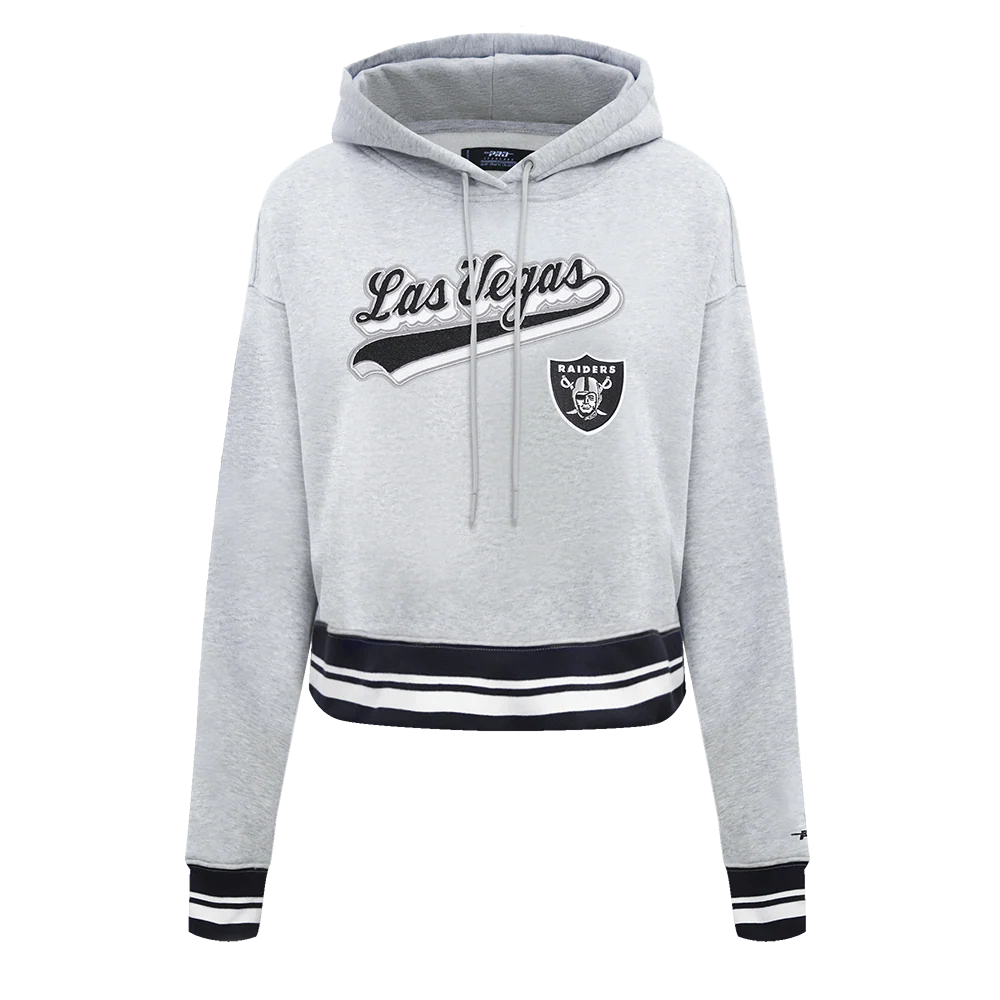 NFL LAS VEGAS RAIDERS SCRIPT TAIL WOMEN'S RIB FLEECE CROPPED PULLOVER HOODIE (HEATHER GRAY/BLACK) - Image 5