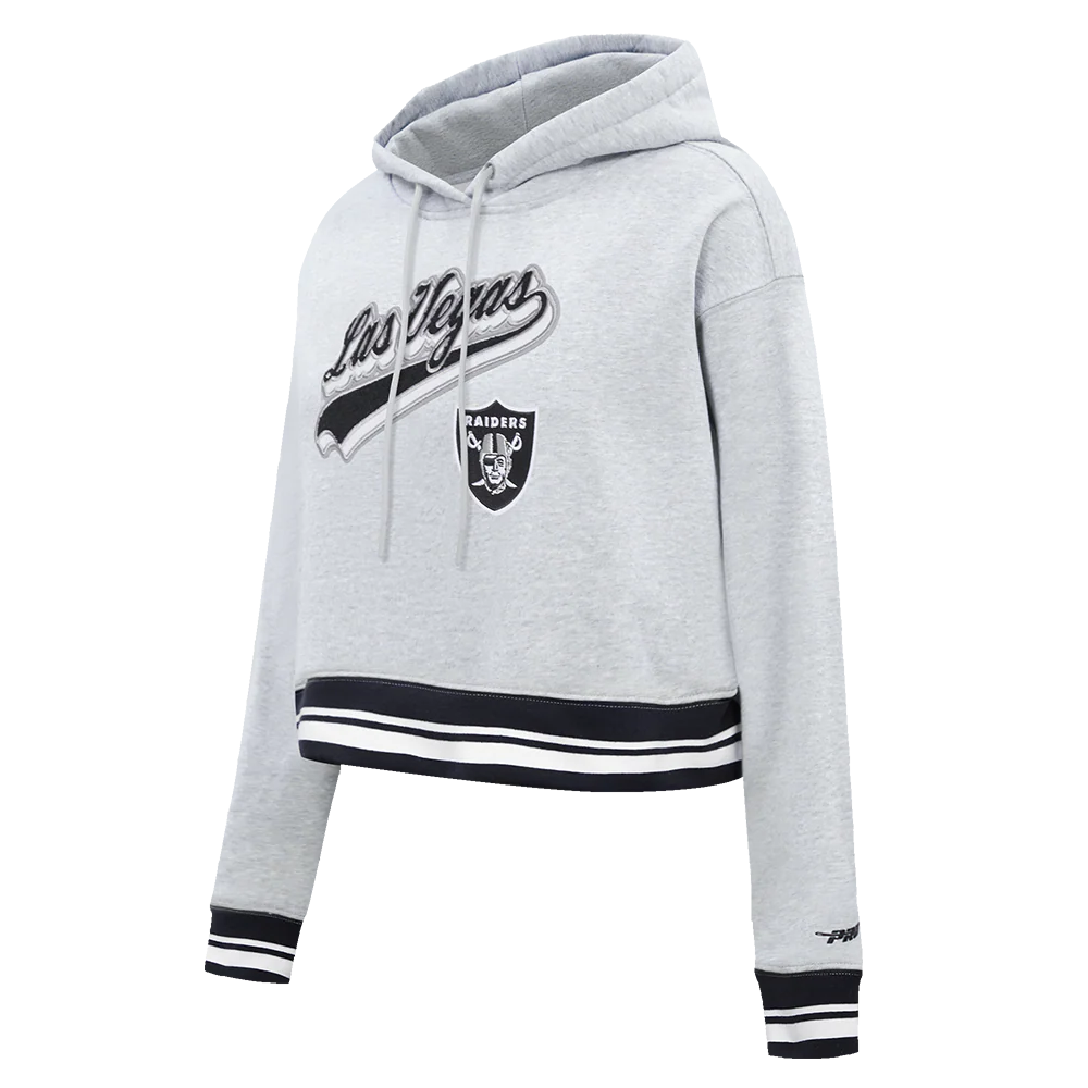 NFL LAS VEGAS RAIDERS SCRIPT TAIL WOMEN'S RIB FLEECE CROPPED PULLOVER HOODIE (HEATHER GRAY/BLACK) - Image 6