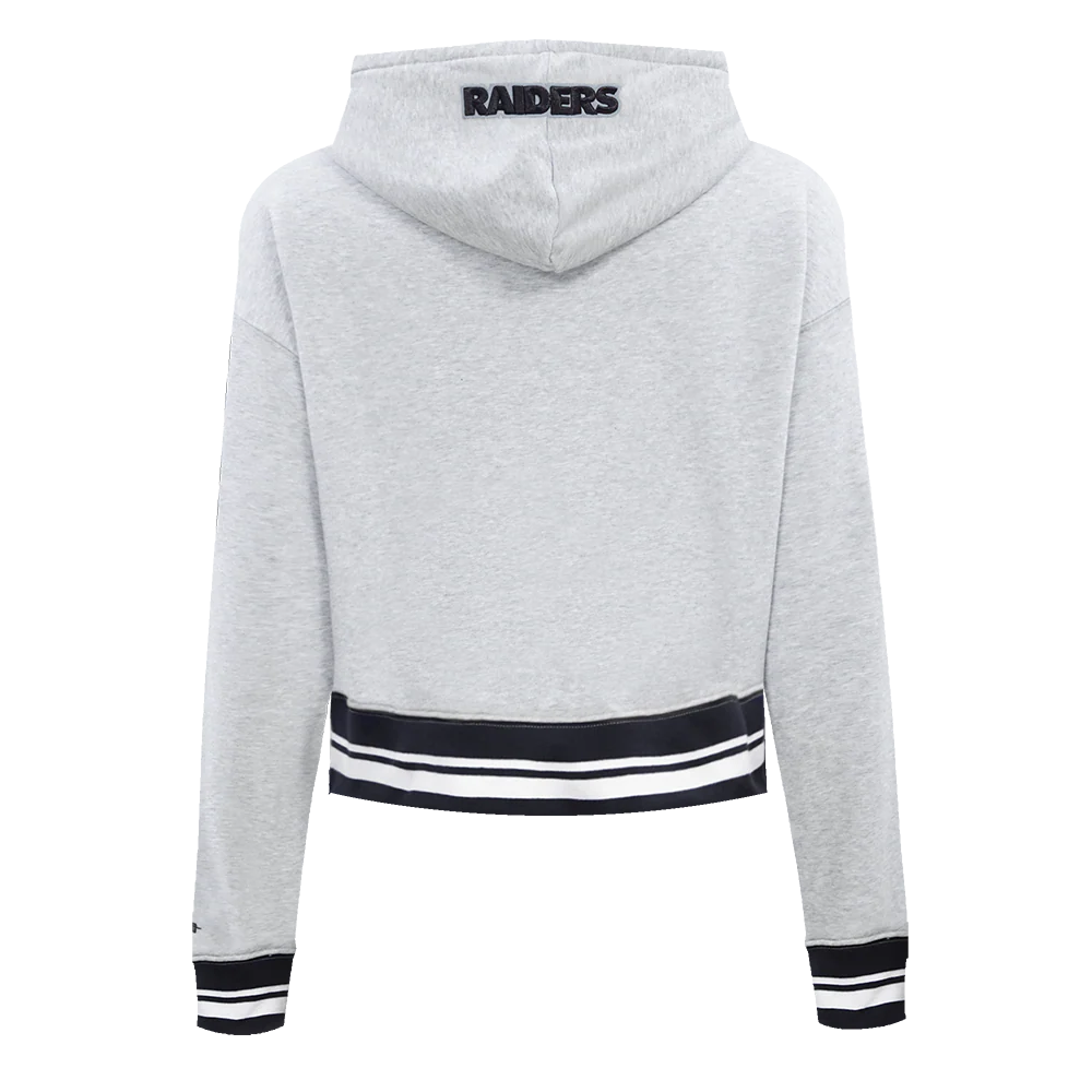 NFL LAS VEGAS RAIDERS SCRIPT TAIL WOMEN'S RIB FLEECE CROPPED PULLOVER HOODIE (HEATHER GRAY/BLACK) - Image 7
