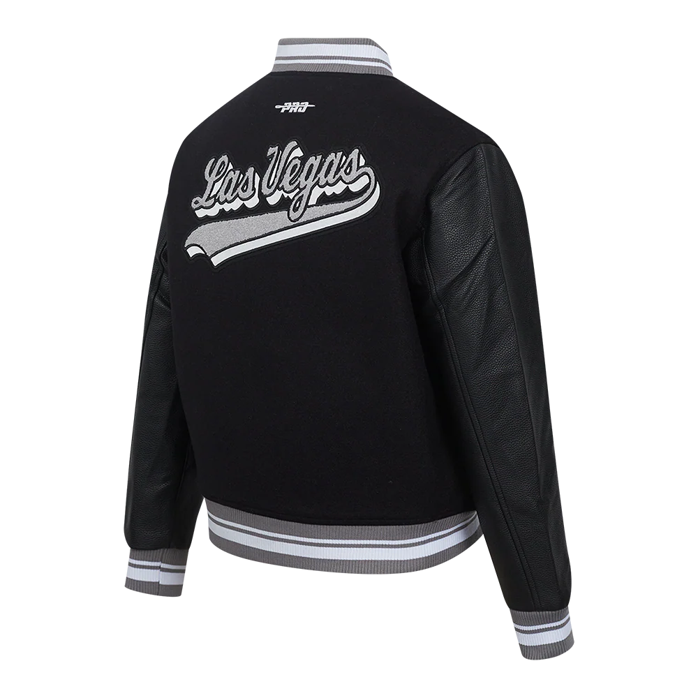 NFL LAS VEGAS RAIDERS SCRIPT TAIL WOMEN'S WOOL VARSITY JACKET (BLACK/GRAY) - Image 4