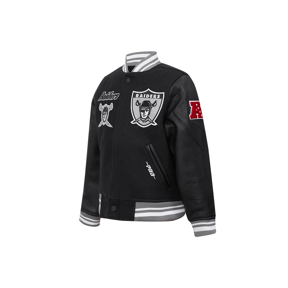 NFL LAS VEGAS RAIDERS RETRO CLASSIC LITTLE BOYS RIB WOOL VARSITY JACKET (BLACK/GRAY) - Image 2