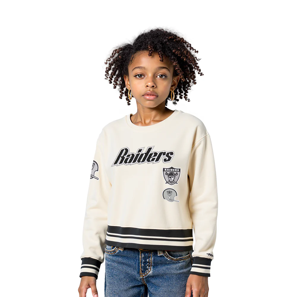 NFL LAS VEGAS RAIDERS RETRO CLASSIC LITTLE GIRLS RIB FLEECE CREWNECK (EGGSHELL/ BLACK)