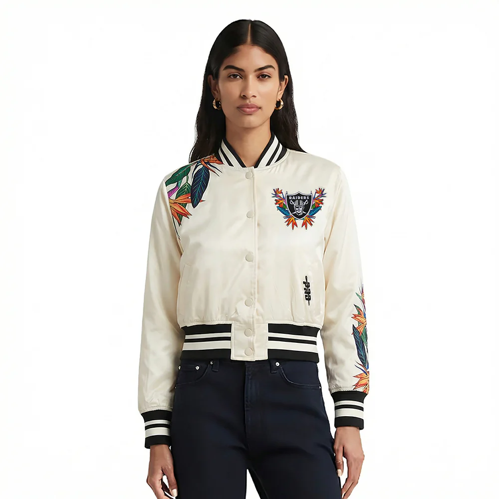 NFL LAS VEGAS RAIDERS PARADISE WOMEN'S SATIN JACKET (EGGSHELL/ BLACK)
