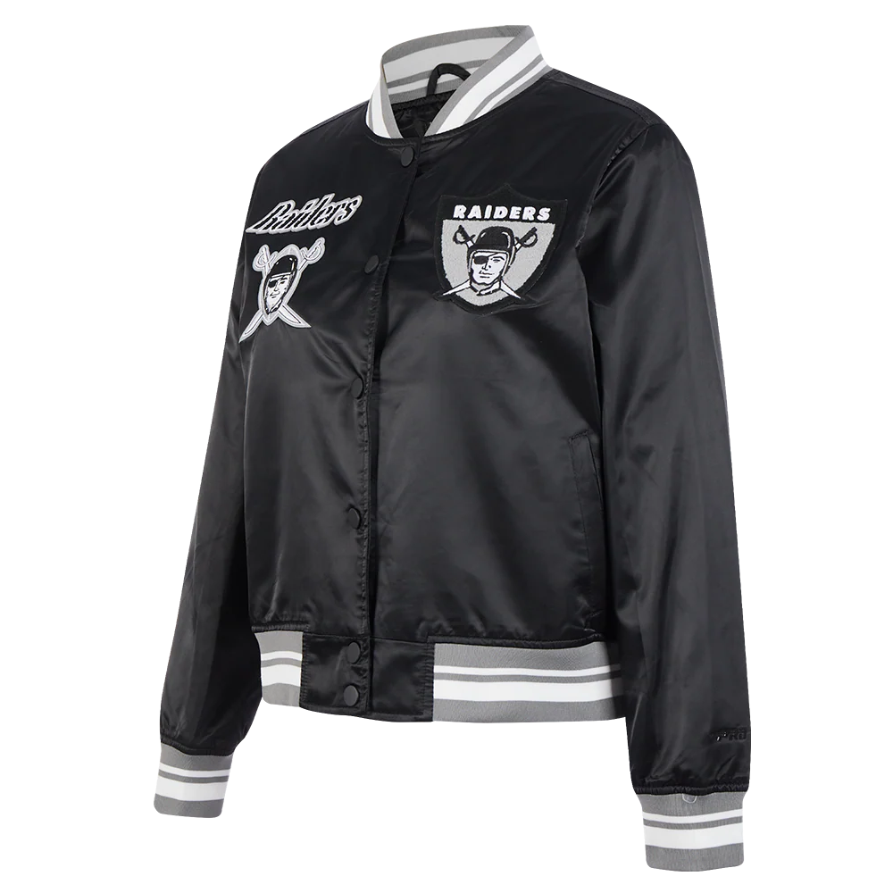 NFL OAKLAND RAIDERS RETRO CLASSIC WOMEN'S RIB SATIN JACKET (BLACK/GREY) - Image 2