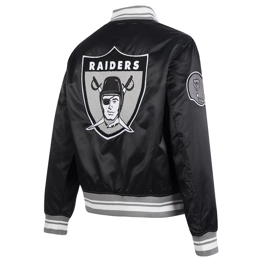 NFL OAKLAND RAIDERS RETRO CLASSIC WOMEN'S RIB SATIN JACKET (BLACK/GREY) - Image 3