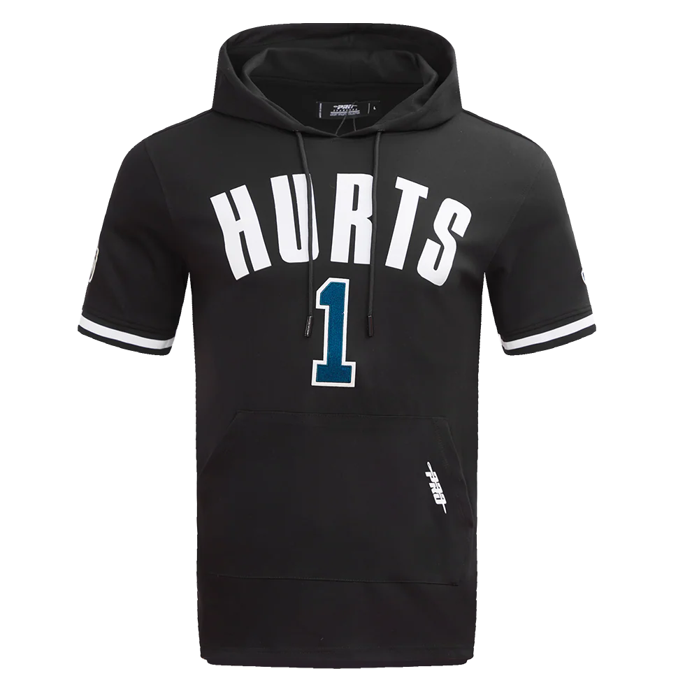 NFL PHILADELPHIA EAGLES JALEN HURTS #1 MEN'S SHORT SLEEVE PULLOVER HOODIE (BLACK)