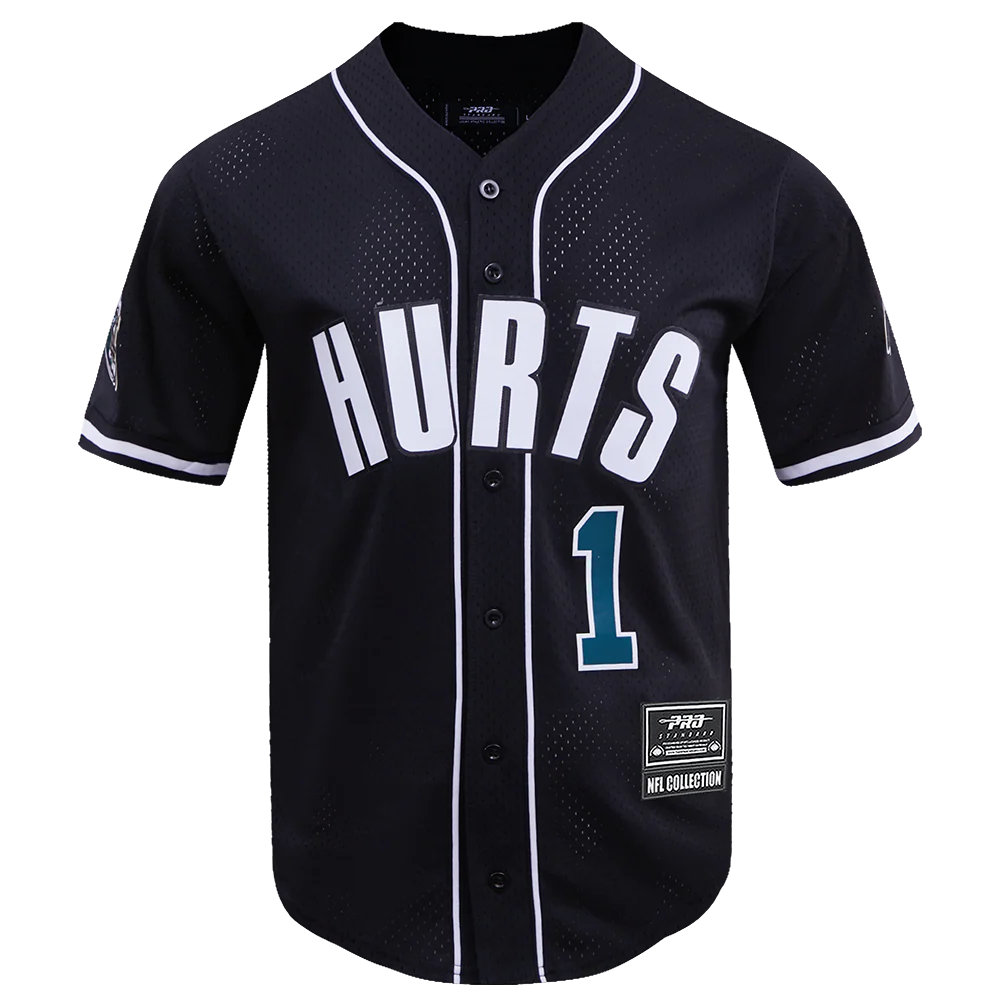 NFL PHILADELPHIA EAGLES JALEN HURTS #1 MEN'S MESH BUTTON DOWN SHIRT (BLACK)