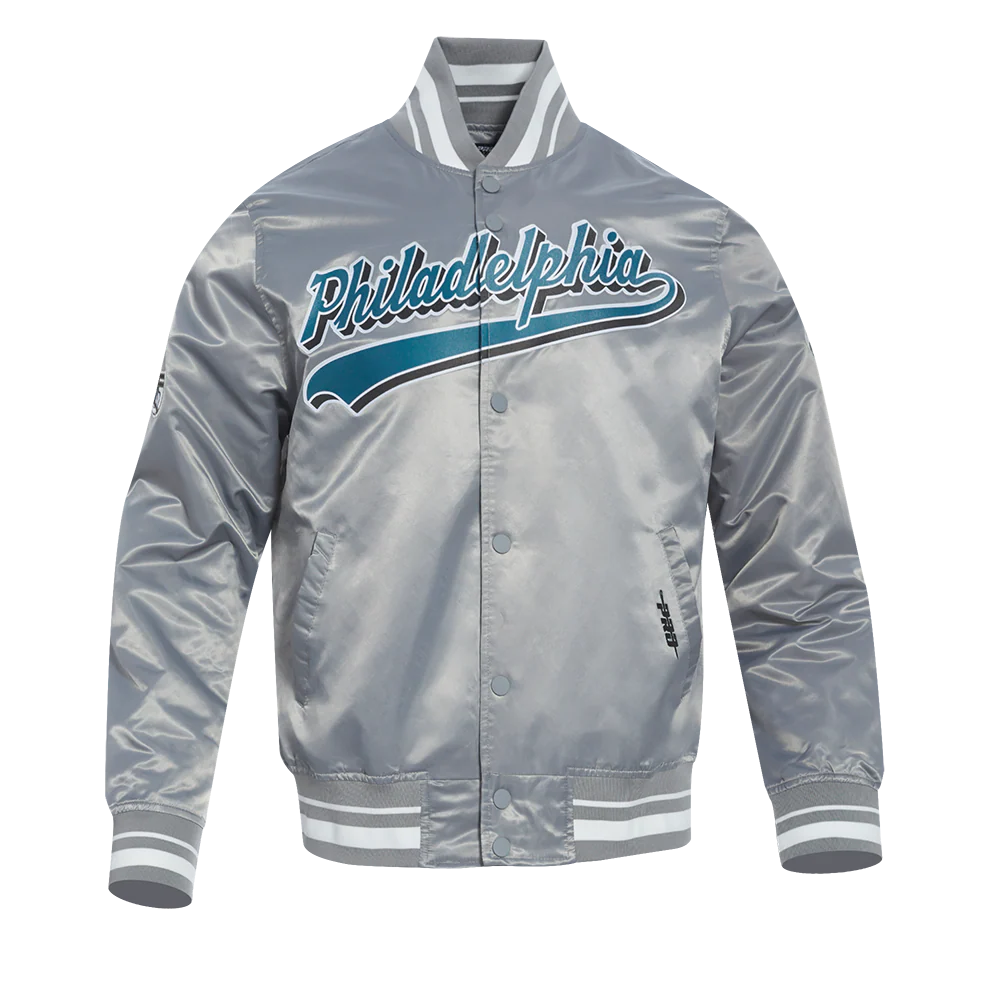 NFL PHILADELPHIA EAGLES SCRIPT TAIL MEN'S SATIN JACKET (GRAY) - Image 3