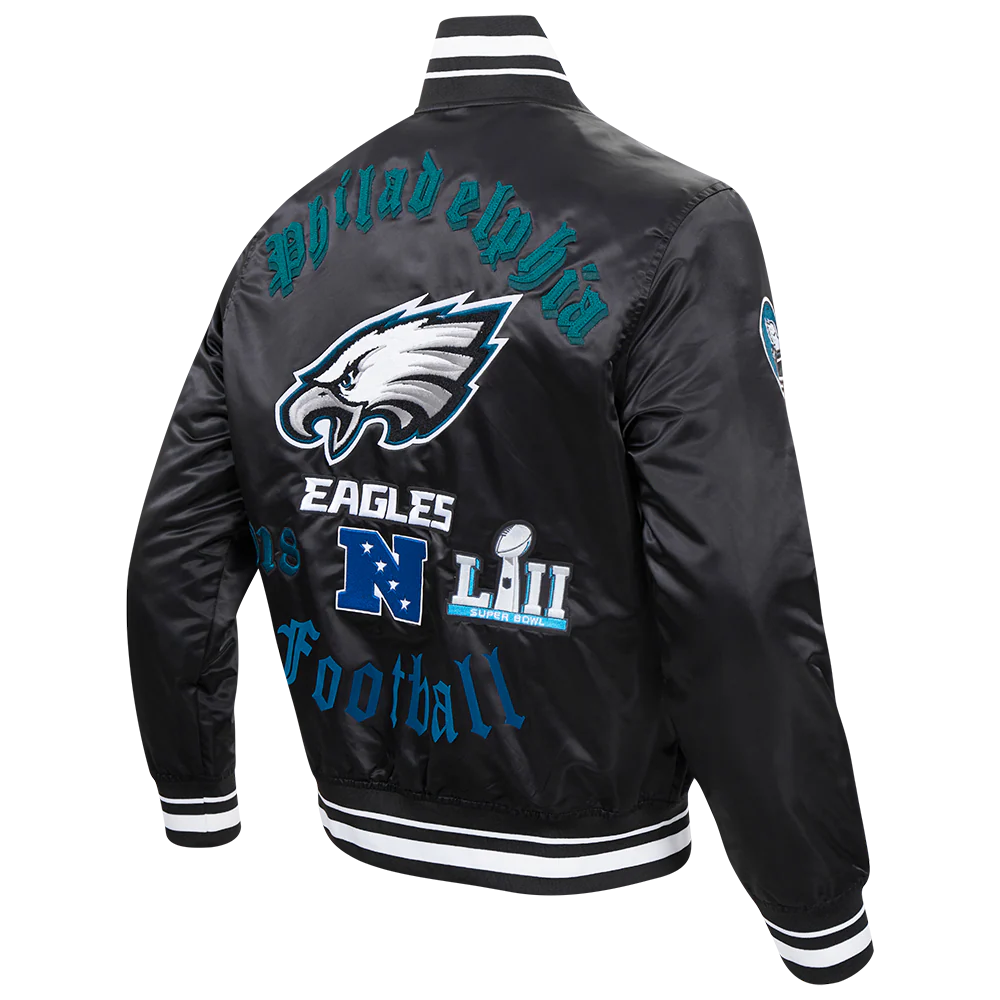 NFL PHILADELPHIA EAGLES OLD ENGLISH MEN'S RIB SATIN JACKET (BLACK) - Image 3