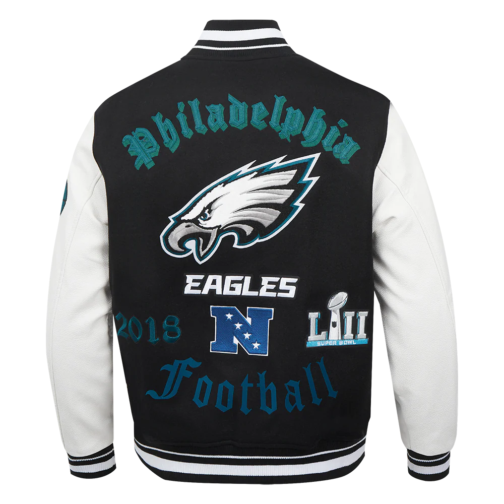 NFL PHILADELPHIA EAGLES OLD ENGLISH MEN'S RIB WOOL VARSITY JACKET (BLACK/WHITE) - Image 3