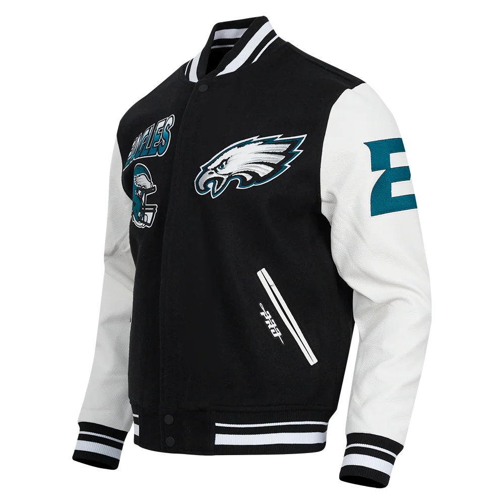 NFL PHILADELPHIA EAGLES TURN IT UP MEN'S RIB WOOL VARSITY JACKET (BLACK/WHITE) - Image 2