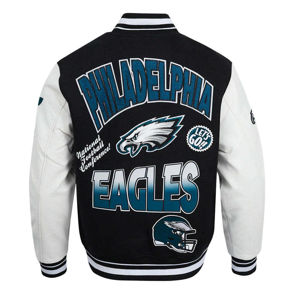 NFL PHILADELPHIA EAGLES TURN IT UP MEN'S RIB WOOL VARSITY JACKET (BLACK/WHITE) - Image 3