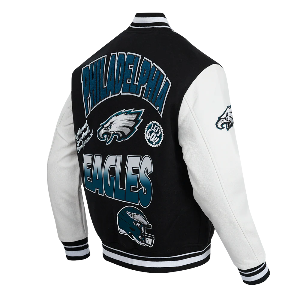 NFL PHILADELPHIA EAGLES TURN IT UP MEN'S RIB WOOL VARSITY JACKET (BLACK/WHITE) - Image 4