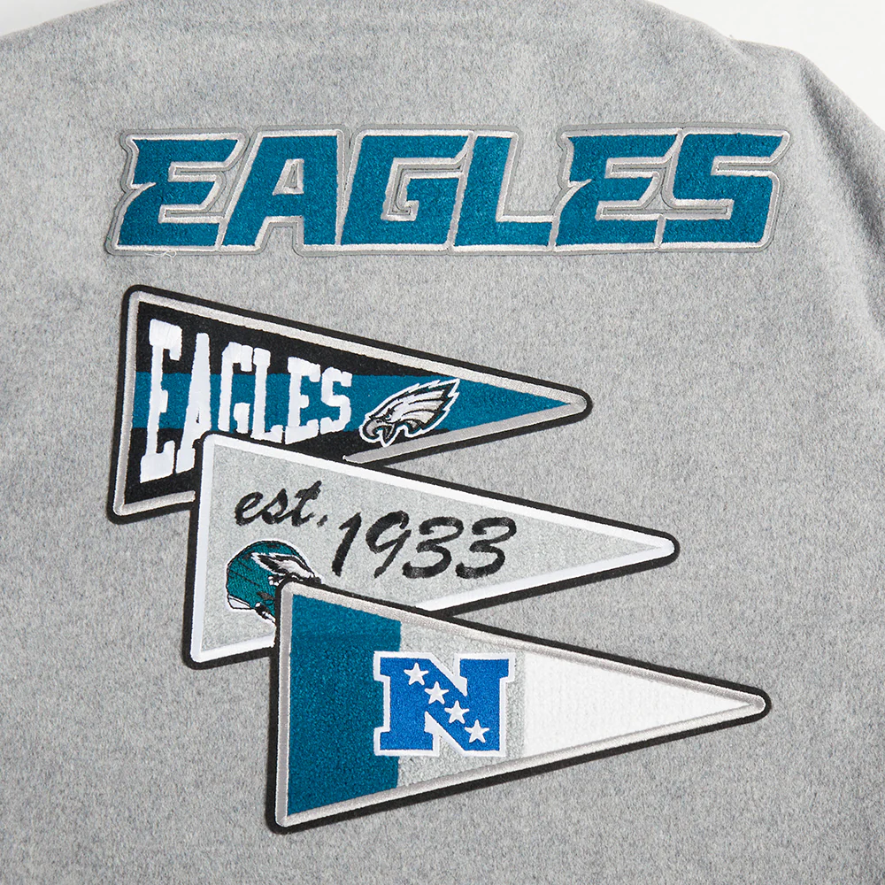 NFL PHILADELPHIA EAGLES TEAM PENNANTS MEN'S RIB WOOL VARSITY JACKET (HEATHER GREY/WHITE/BLACK) - Image 5