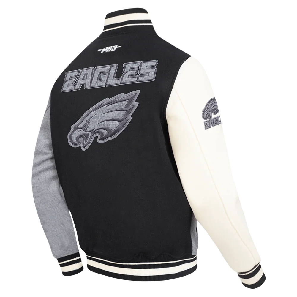 NFL PHILADELPHIA EAGLES REVERSE FRENCH TERRY MEN'S CB WOOL VARSITY J (BLACK/GRAY/EGGSHELL) - Image 4