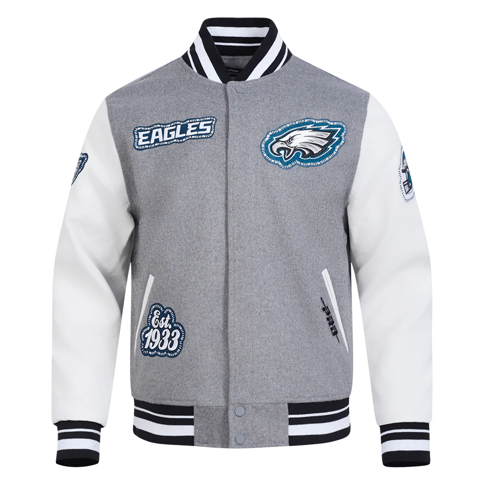 NFL PHILADELPHIA EAGLES DIY PICK STITCH MEN'S RIB WOOL VARSITY JACKE (HEATHER GREY/WHITE/BLACK)