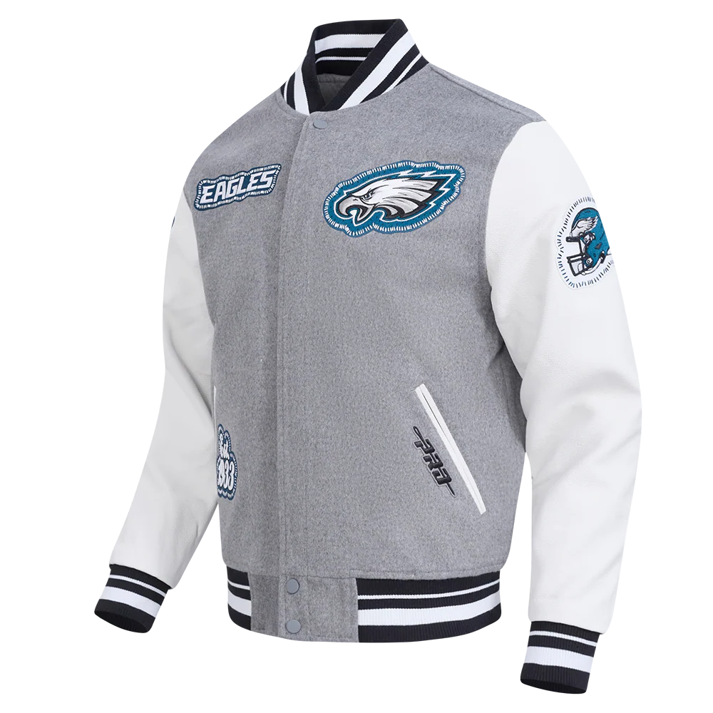 NFL PHILADELPHIA EAGLES DIY PICK STITCH MEN'S RIB WOOL VARSITY JACKE (HEATHER GREY/WHITE/BLACK) - Image 2