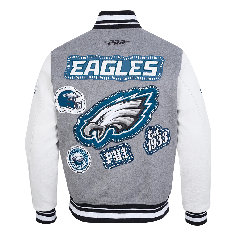 NFL PHILADELPHIA EAGLES DIY PICK STITCH MEN'S RIB WOOL VARSITY JACKE (HEATHER GREY/WHITE/BLACK) - Image 3