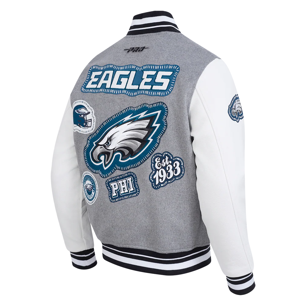 NFL PHILADELPHIA EAGLES DIY PICK STITCH MEN'S RIB WOOL VARSITY JACKE (HEATHER GREY/WHITE/BLACK) - Image 4