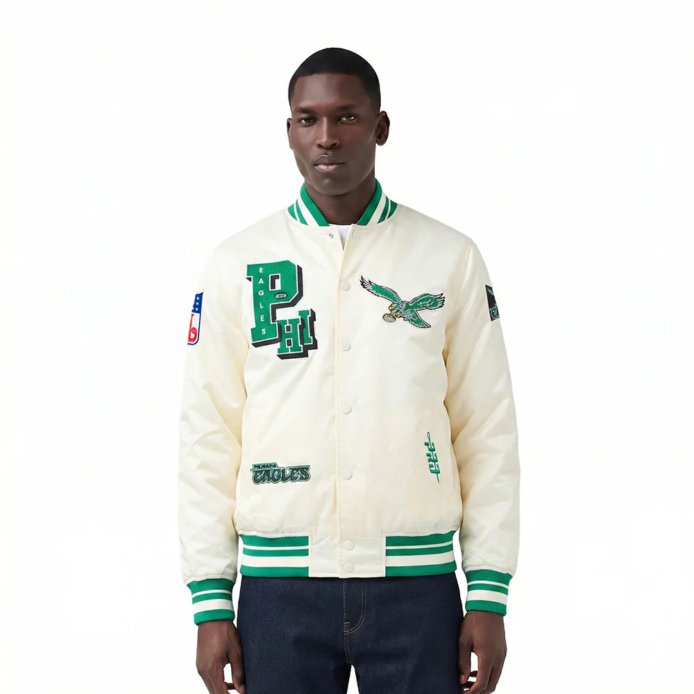 NFL PHILADELPHIA EAGLES BEST OF MEN'S RIB SATIN JACKET (EGGSHELL/ KELLY GREEN) - Image 2