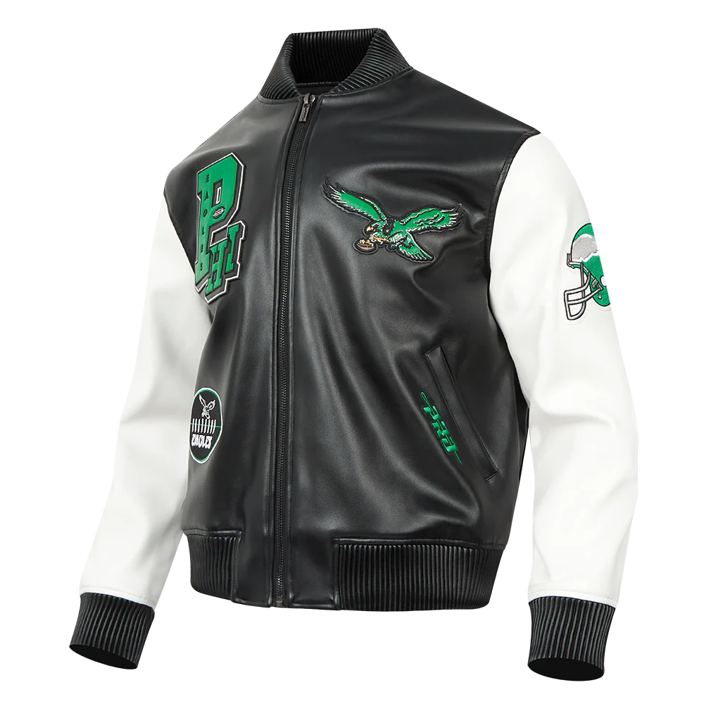 NFL PHILADELPHIA EAGLES BEST OF MEN'S LEATHER VARSITY JACKET (BLACK/WHITE) - Image 6