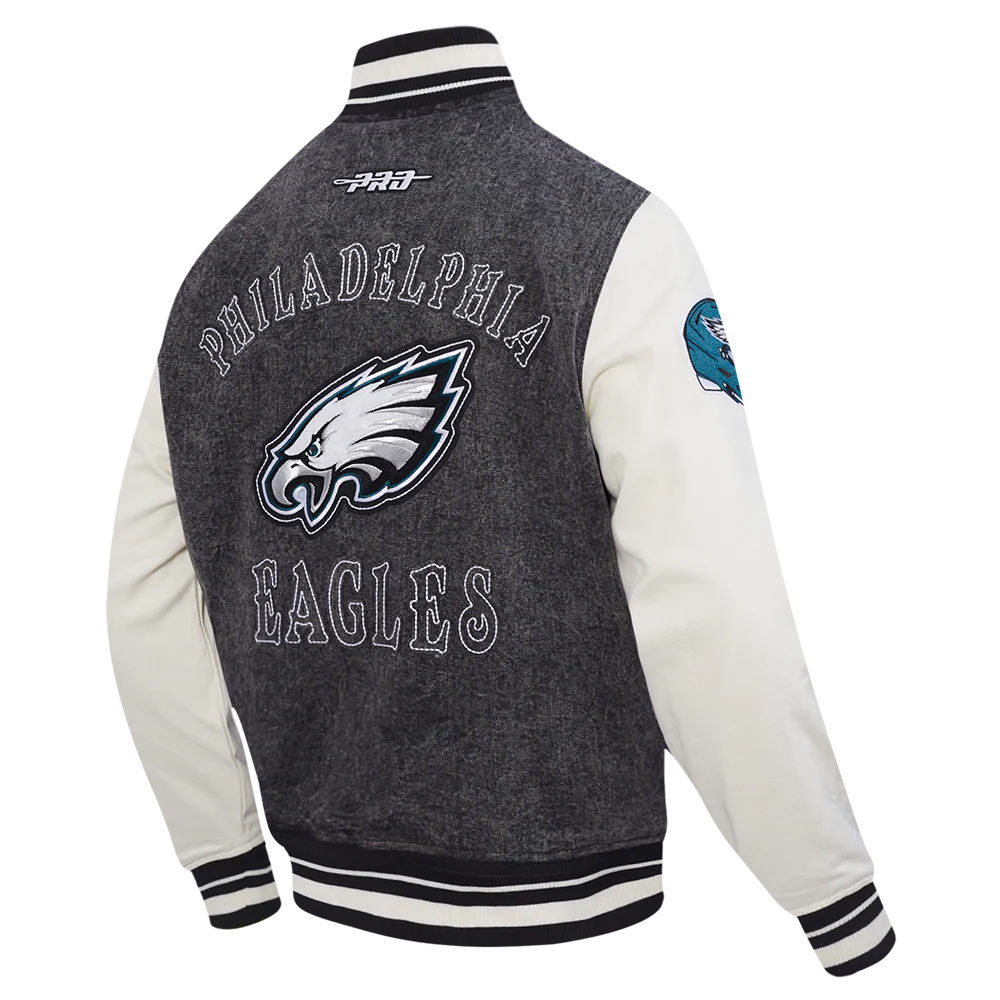 NFL PHILADELPHIA EAGLES REBEL ATHLETICS MEN'S DENIM VARSITY JACKET (WASHED BLACK/EGGSHELL) - Image 11