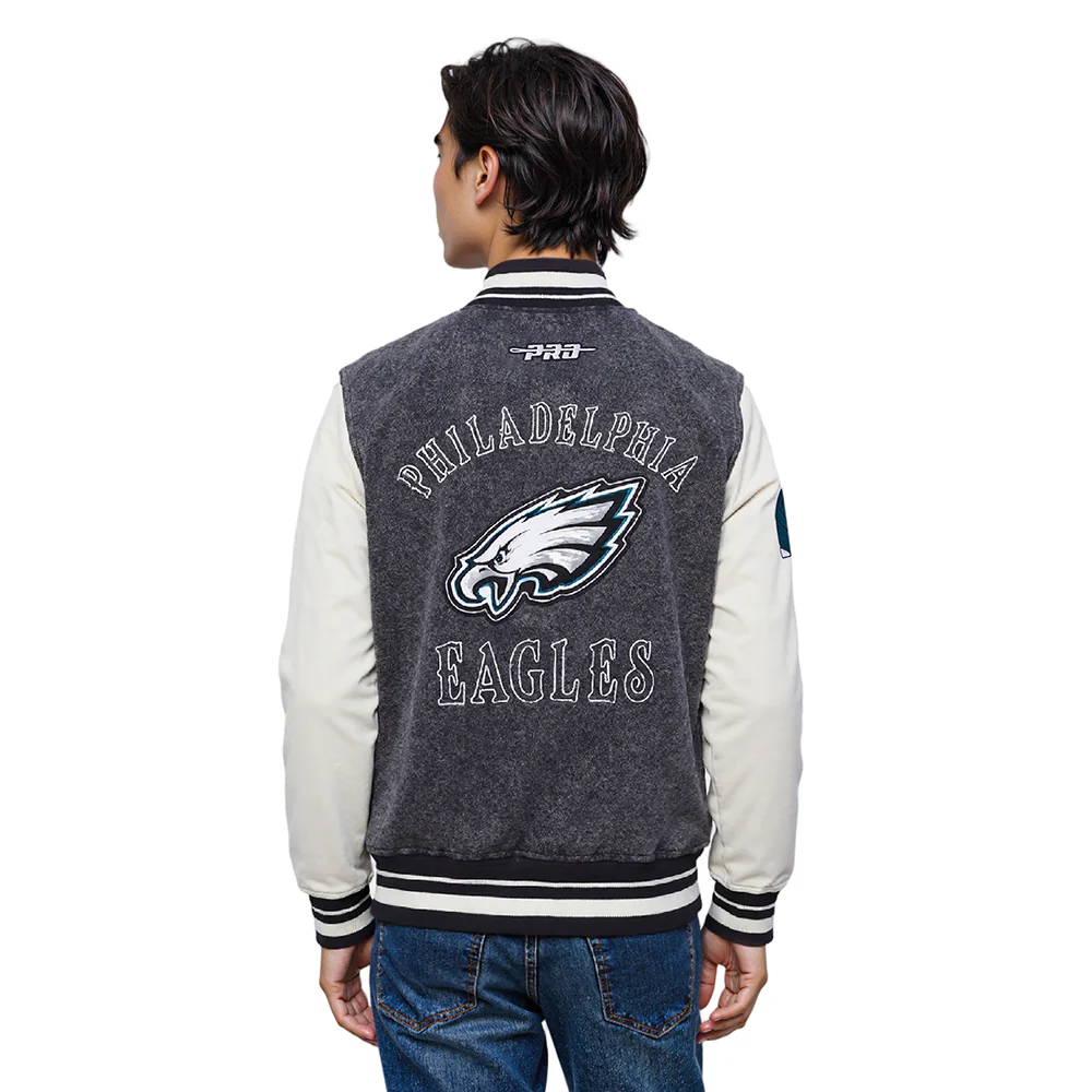 NFL PHILADELPHIA EAGLES REBEL ATHLETICS MEN'S DENIM VARSITY JACKET (WASHED BLACK/EGGSHELL) - Image 2
