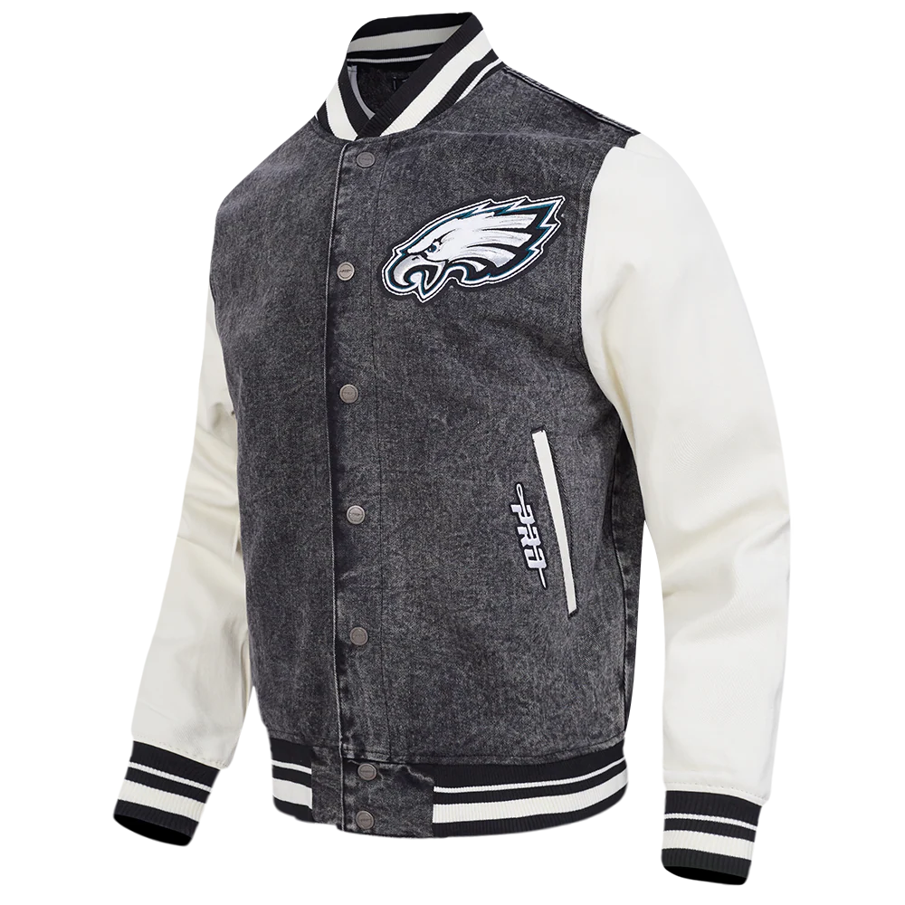 NFL PHILADELPHIA EAGLES REBEL ATHLETICS MEN'S DENIM VARSITY JACKET (WASHED BLACK/EGGSHELL) - Image 3