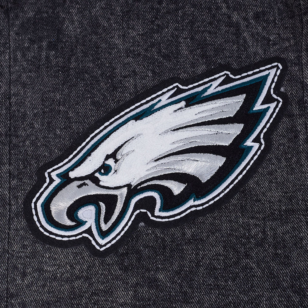 NFL PHILADELPHIA EAGLES REBEL ATHLETICS MEN'S DENIM VARSITY JACKET (WASHED BLACK/EGGSHELL) - Image 6