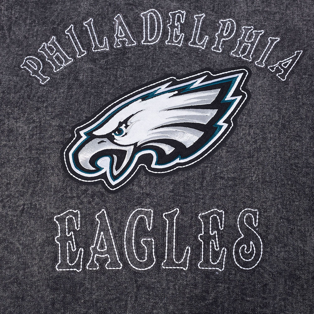 NFL PHILADELPHIA EAGLES REBEL ATHLETICS MEN'S DENIM VARSITY JACKET (WASHED BLACK/EGGSHELL) - Image 7