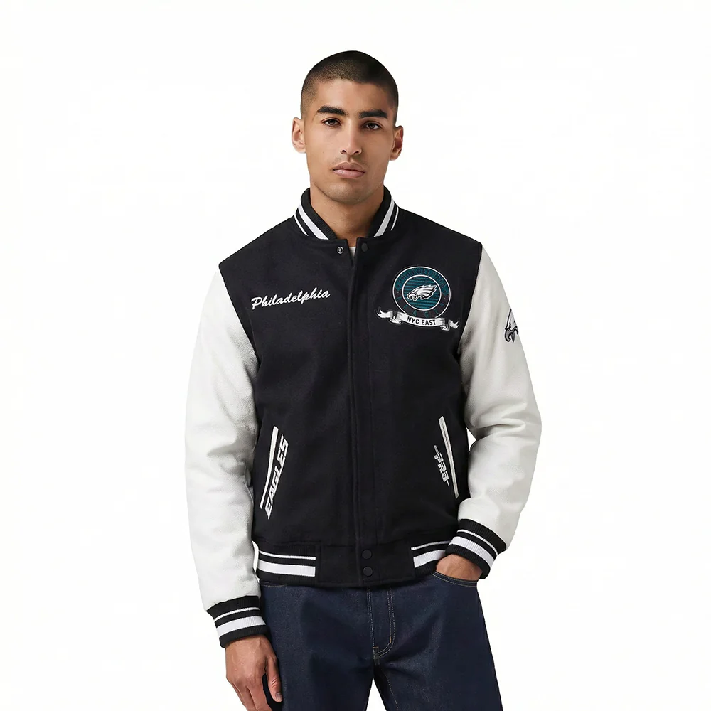 NFL PHILADELPHIA EAGLES TEAM BADGE MEN'S RIB WOOL VARSITY JACKET (BLACK/WHITE)