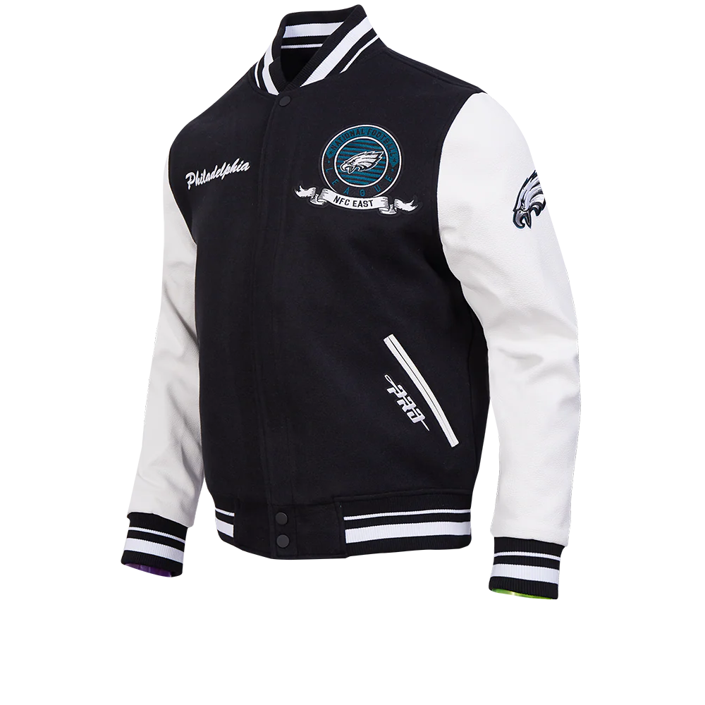 NFL PHILADELPHIA EAGLES TEAM BADGE MEN'S RIB WOOL VARSITY JACKET (BLACK/WHITE) - Image 6