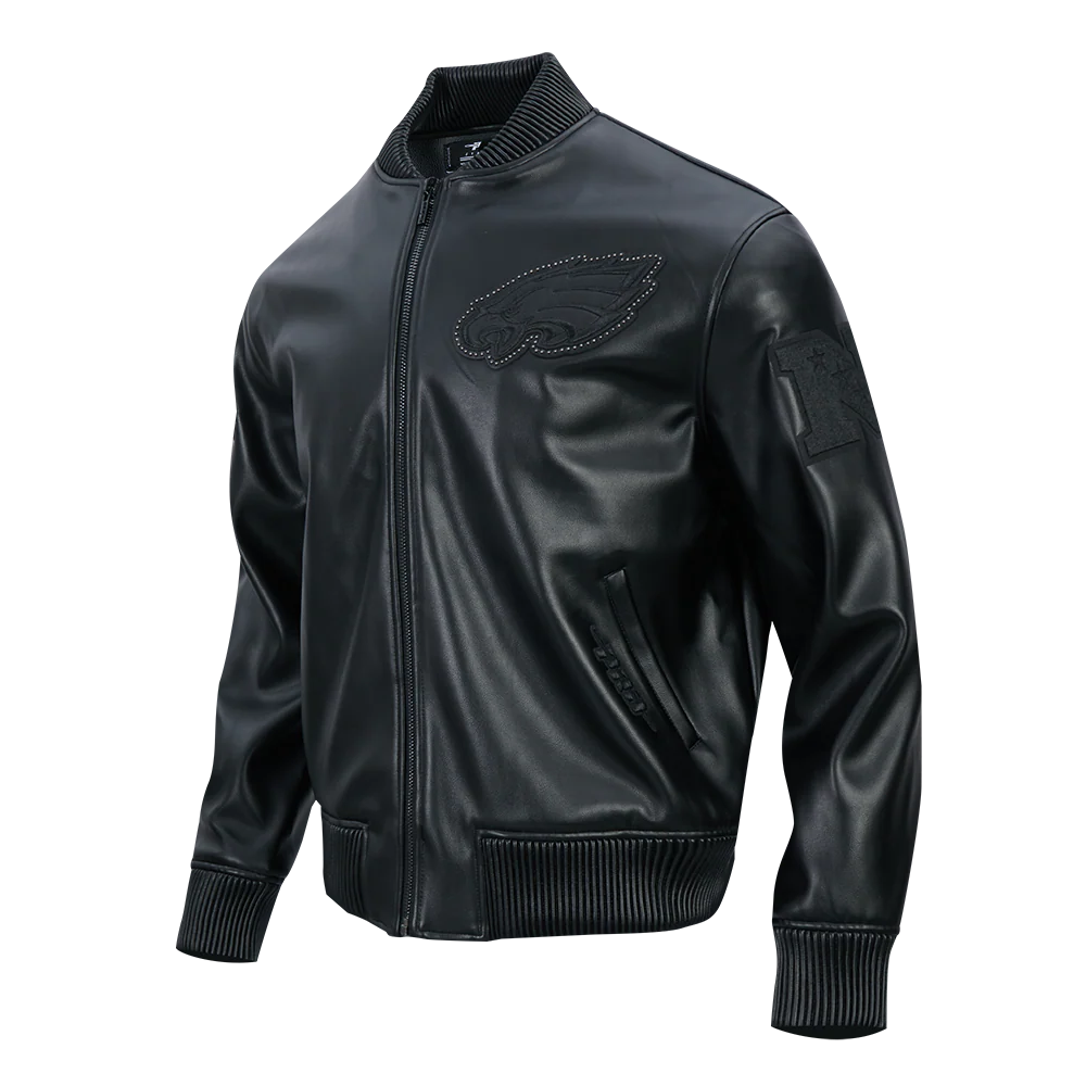 NFL PHILADELPHIA EAGLES BLACKOUT MEN'S LEATHER VARSITY JACKET (JET BLACK) - Image 3