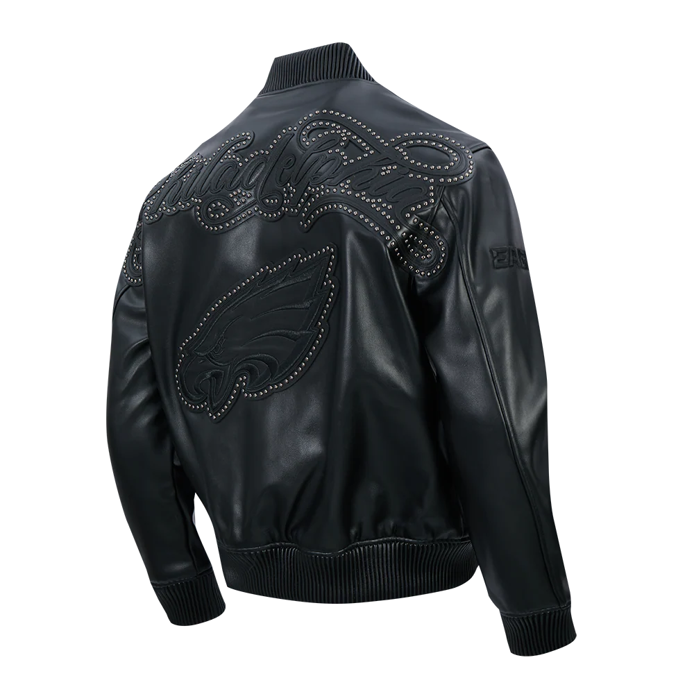 NFL PHILADELPHIA EAGLES BLACKOUT MEN'S LEATHER VARSITY JACKET (JET BLACK) - Image 4
