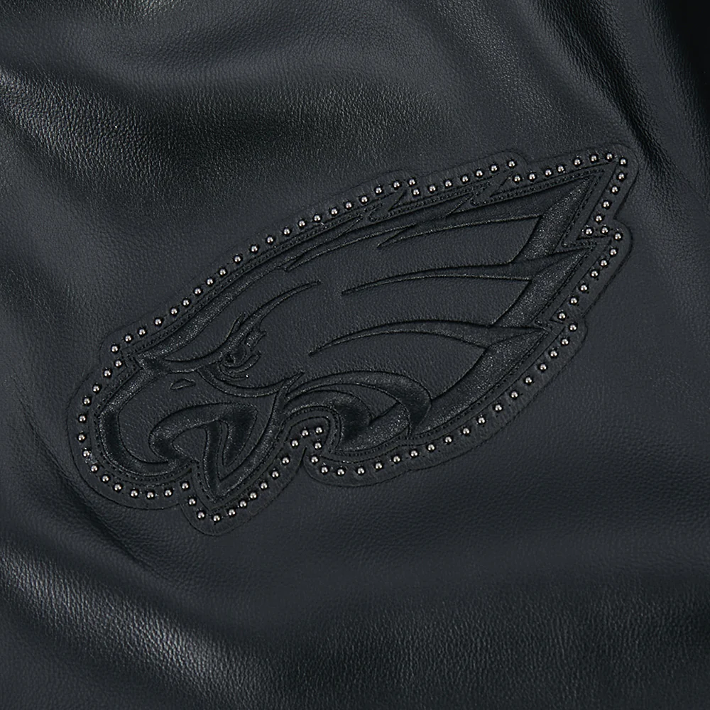 NFL PHILADELPHIA EAGLES BLACKOUT MEN'S LEATHER VARSITY JACKET (JET BLACK) - Image 6