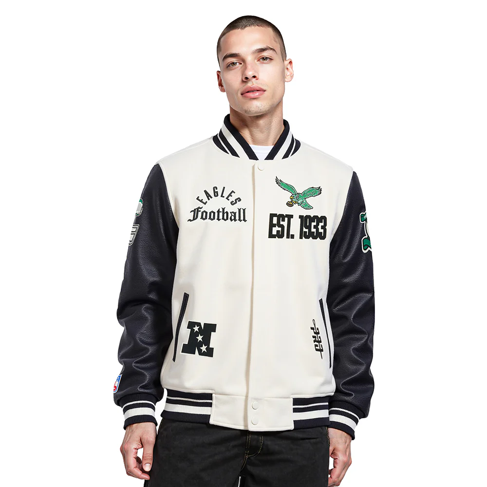 NFL PHILADELPHIA EAGLES MODERN ORIGINALS MEN'S RIB WOOL VARSITY JACKET (EGGSHELL/ BLACK)