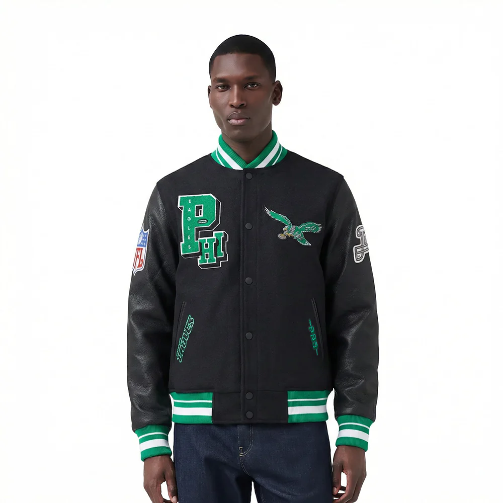 NFL PHILADELPHIA EAGLES BEST OF MEN'S RIB WOOL VARSITY JACKET (BLACK/GREEN) - Image 2