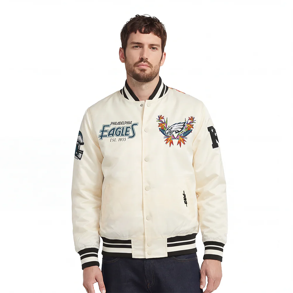 NFL PHILADELPHIA EAGLES PARADISE MEN'S SATIN JACKET (EGGSHELL/ BLACK)