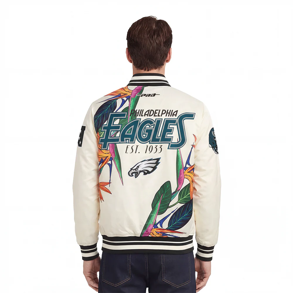 NFL PHILADELPHIA EAGLES PARADISE MEN'S SATIN JACKET (EGGSHELL/ BLACK) - Image 2