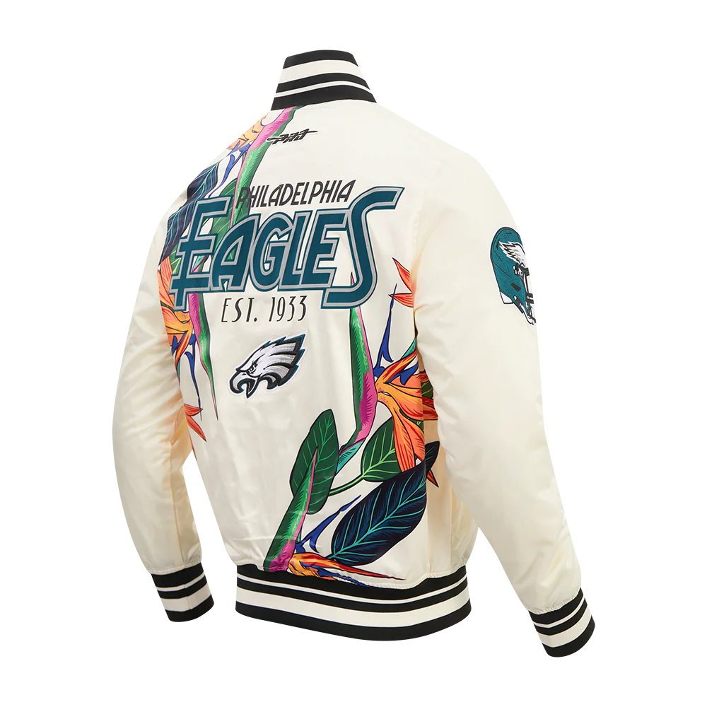 NFL PHILADELPHIA EAGLES PARADISE MEN'S SATIN JACKET (EGGSHELL/ BLACK) - Image 4