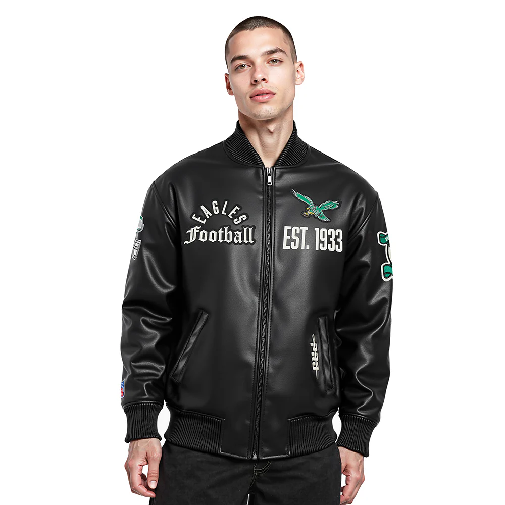 NFL PHILADELPHIA EAGLES MODERN ORIGINALS MEN'S LEATHER VARSITY JACKET (JET BLACK)